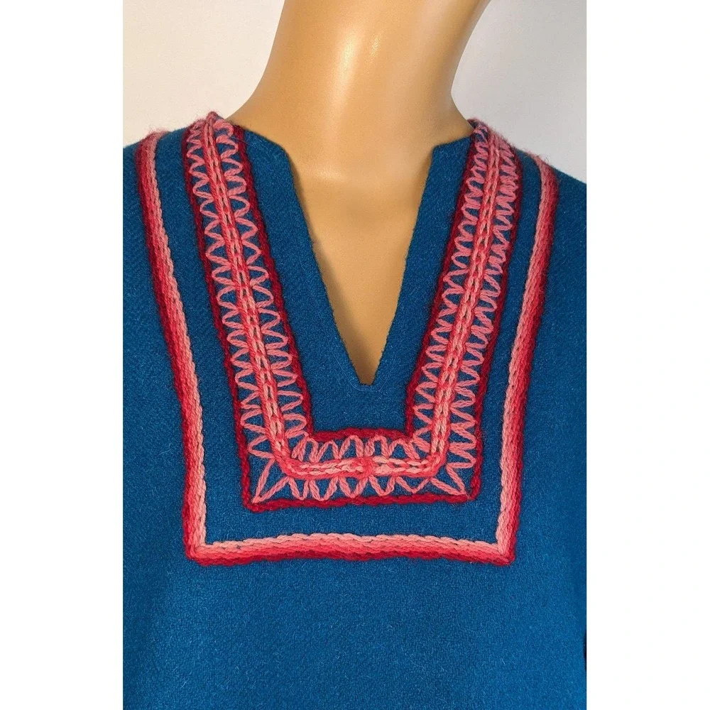 1960s colorful tunic, vintage wool mini‎ dress vibrant turquoise wool embroidery - Picture 4 of 10